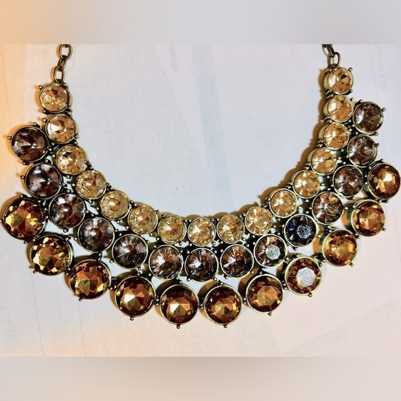Necklace Crystal Triple Row Clear Smokey and Amber Adjustable Length Statement - Picture 2 of 11